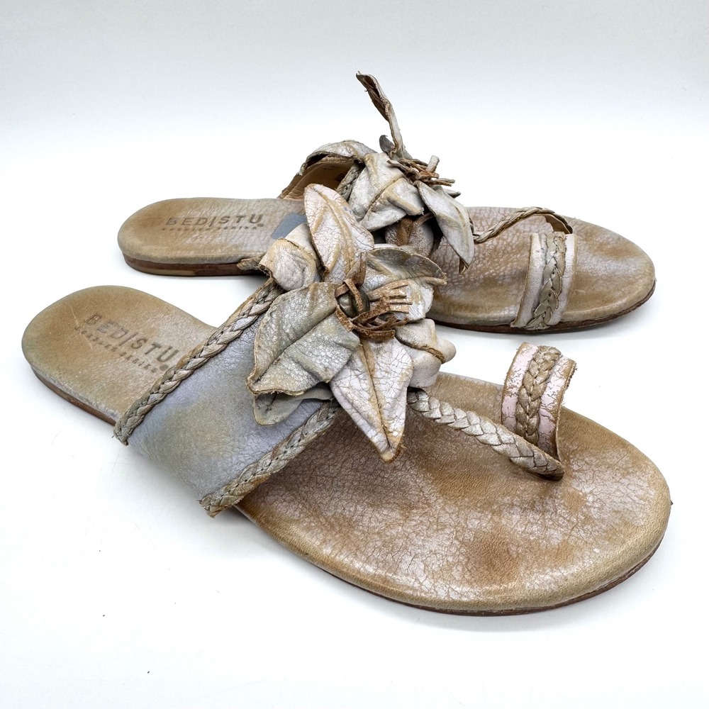Bed Stu Isobel Leather Floral Toe Loop Sandals Made in Mexico Silver Dust Size 7